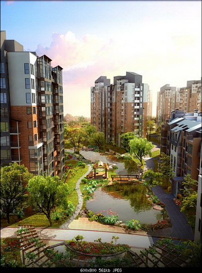 A vista de pjaro en 3D modelo de rascacielos residenciales de