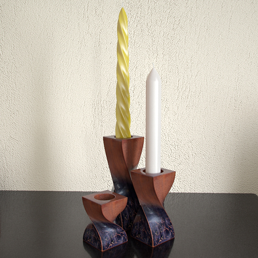Modelo en 3D de candelabros de madera y velas
