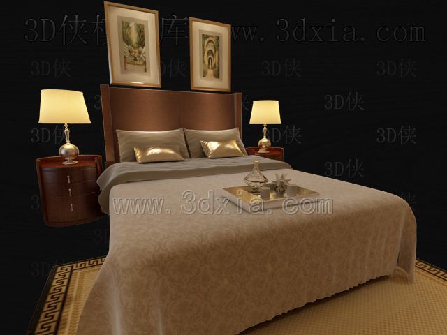 Camas dobles con lmparas de modelos 3D-11