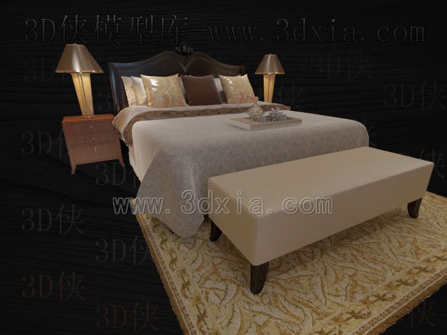 Camas dobles con lmparas de modelos 3D-13