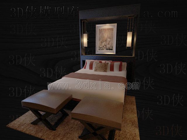 Camas dobles con lmparas de modelos 3D-15