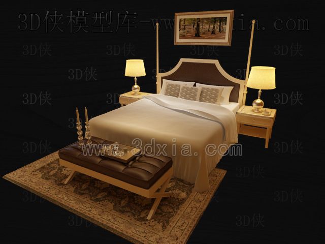 Camas dobles con lmparas de modelos 3D-5