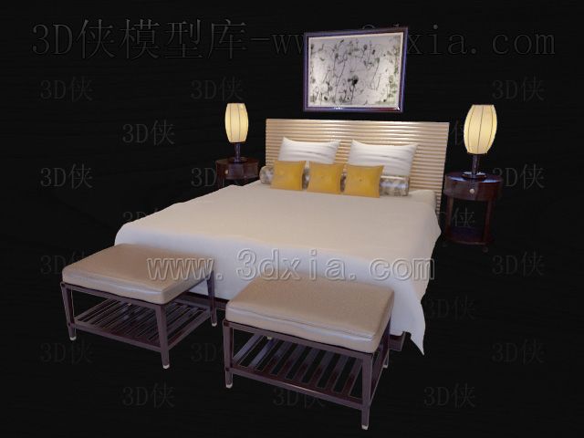 Camas dobles con lmparas de modelos 3D-6