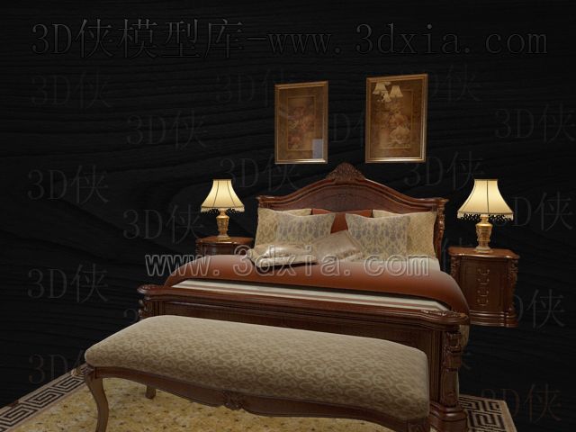 Camas dobles con lmparas de modelos 3D-8