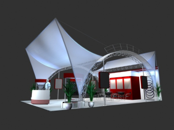 Modelo 3D rojo y blanco tema exposicin
